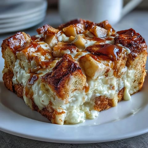 Warm Caramel Apple Cheesecake Bread Pudding topped with drizzled caramel sauce and powdered sugar, served in a baking dish.