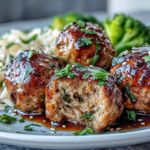 Golden Honey Garlic Turkey Meatballs glazed in sweet-savory sauce served over fluffy rice with steamed broccoli florets.