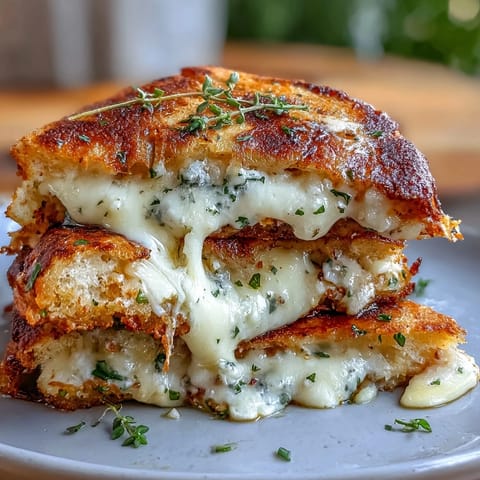 Golden Brown Butter Garlic Naan Grilled Cheese sandwich sliced in half to reveal melted mozzarella and fresh herbs.
