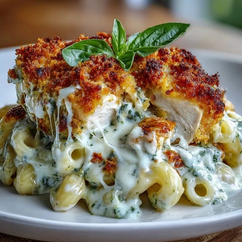 Golden Baked Pesto Chicken Mac & Cheese casserole fresh from the oven with a crispy parmesan and panko topping.