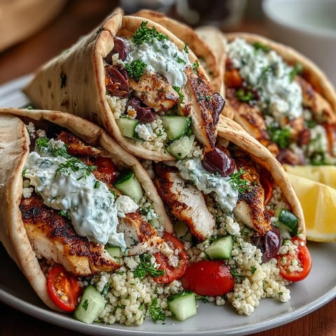 Freshly assembled Greek Chicken Feta Stuffed Pitas garnished with extra crumbled feta and chopped parsley.