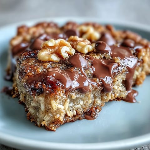 A golden brown Chunky Monkey Oatmeal Cookie Skillet with melted chocolate chips and chopped walnuts in a cast-iron pan.