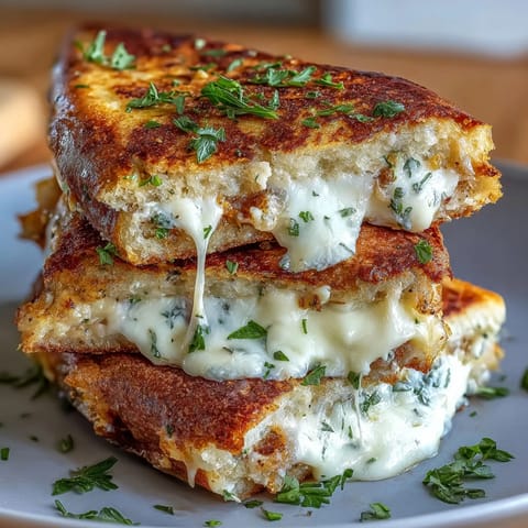Two halves of Brown Butter Garlic Naan Grilled Cheese on a wooden board, showcasing a crispy crust and rich brown butter glaze.