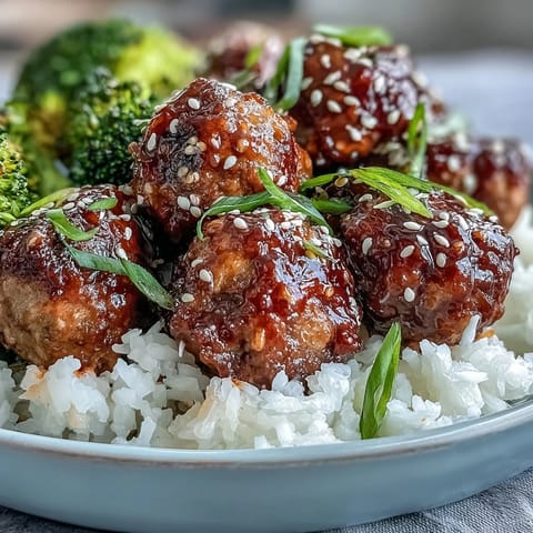 A single bowl of Honey Garlic Turkey Meatballs with steamed broccoli, sesame seeds, and fluffy rice.