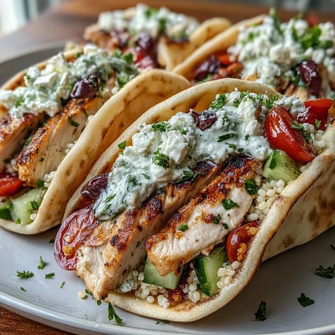 Freshly grilled chicken slices tucked inside Greek Chicken Feta Stuffed Pitas with crumbled feta and olives.