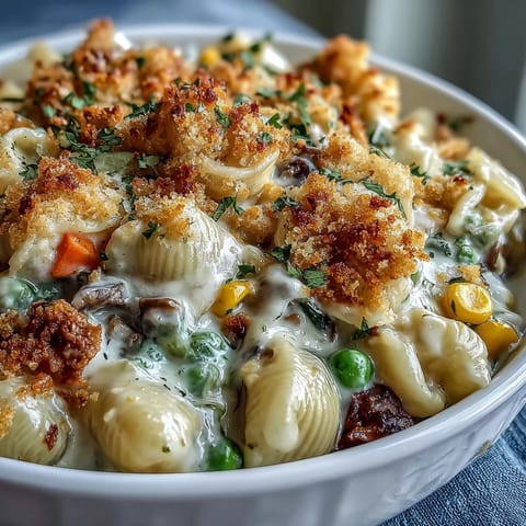 Golden biscuit crumbs topping Creamy Veggie Pot Pie Pasta in a skillet, mixed vegetables visible in rich creamy sauce.