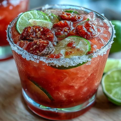 A vibrant guava margarita served over ice with a salted rim and lime garnish for a tropical twist.