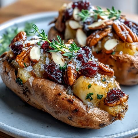 Festive holiday side dish featuring tender sweet potatoes filled with cinnamon-spiced apples, cranberries, and crunchy pecans, garnished with fresh thyme.  