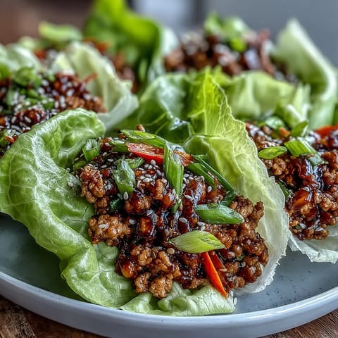 Healthy Asian chicken lettuce wraps with hoisin sauce, loaded with ground chicken and crunchy vegetables.  
