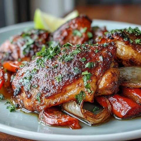 One-pan paprika chicken with peppers and onions, roasted until golden with smoky spices and tender vegetables.  