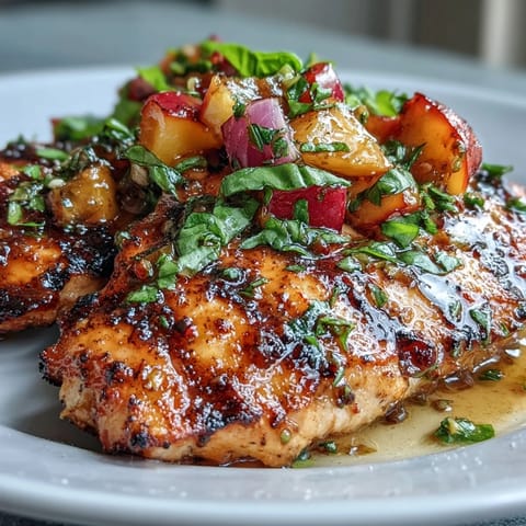 Grilled chicken breasts with sweet peach basil salsa, a colorful summer dish perfect for entertaining or healthy dinners.  