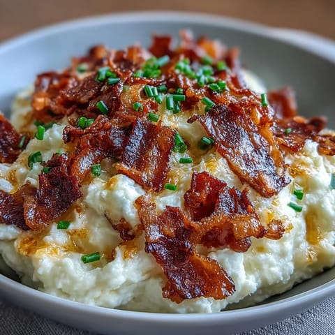 Rich and velvety cauliflower puree blended with cheddar and cream cheese, topped with savory bacon crumbles.  