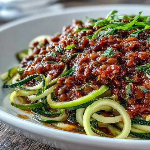 Hearty lentil Bolognese with rich tomato sauce and aromatic herbs, spooned over fresh spiralized zucchini and carrots for a healthy plant-based meal.  