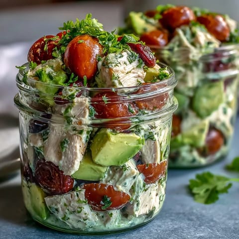 Keto avocado chicken salad mason jars with creamy avocado, tender chicken, and fresh veggies in portable, mayo-free meal prep jars.