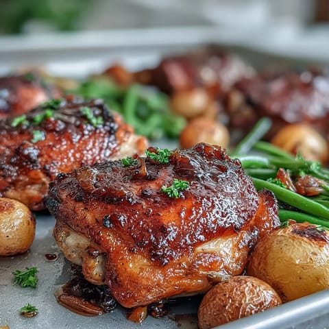 Honey Garlic Sheet Pan Chicken with Green Beans and Baby Potatoes, showcasing golden chicken thighs glazed in a sweet honey garlic sauce alongside tender roasted vegetables.