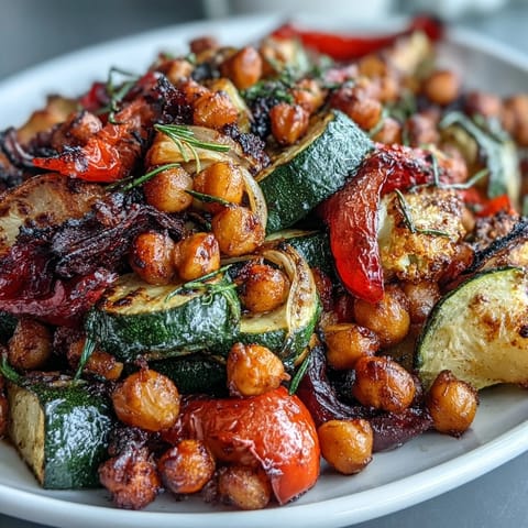 Lemon garlic roasted vegetable medley with chickpeas, showcasing colorful peppers, zucchini, and tomatoes glistening with olive oil and lemon zest.