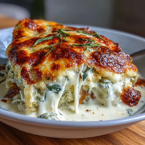 Keto Spinach Artichoke Chicken Bake with creamy cheese sauce and tender chicken breasts, baked until golden and bubbling.  