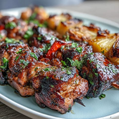 Juicy jerk chicken skewers with pineapple and bell peppers, grilled to smoky perfection with Caribbean spices.  