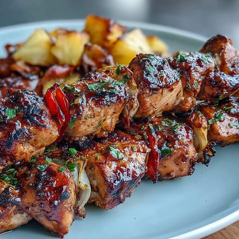 Vibrant chicken skewers marinated in jerk seasoning, grilled with sweet pineapple and colorful peppers for a tropical feast.  