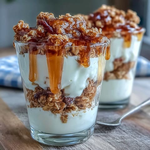 Creamy Greek yogurt layered with crunchy granola and drizzled with salted honey, garnished with fresh berries.