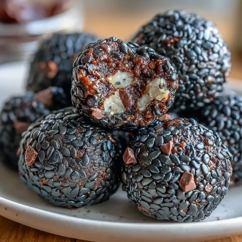 Bite-sized vegan energy balls featuring black sesame seeds, almond meal, and natural sweetness.