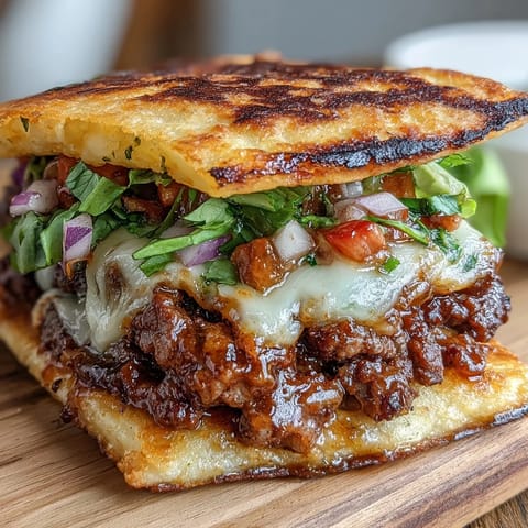 Mini smash burger tacos with crispy tortillas, juicy beef, and melted cheese, topped with fresh lettuce and tomato.