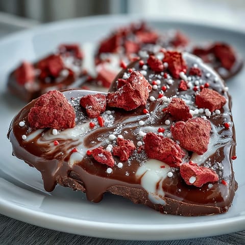 Decadent Valentine chocolate strawberry bark with swirls of dark and white chocolate, topped with freeze-dried strawberries and festive sprinkles.