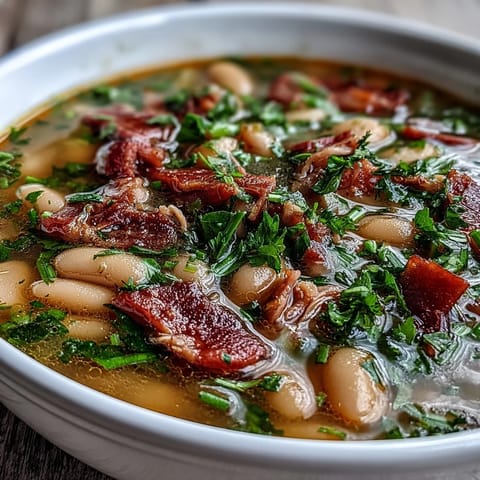 Southern-style Ham and Butter Bean Soup garnished with parsley and chives, served in a rustic bowl with crusty bread.  