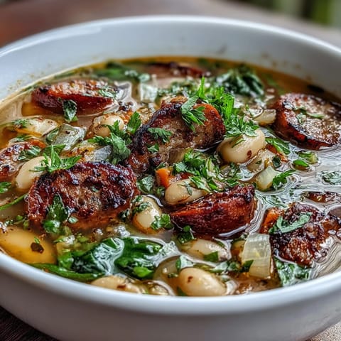 A steaming bowl of Tuscan white bean soup with Italian sausage, loaded with vegetables and herbs in a savory broth.