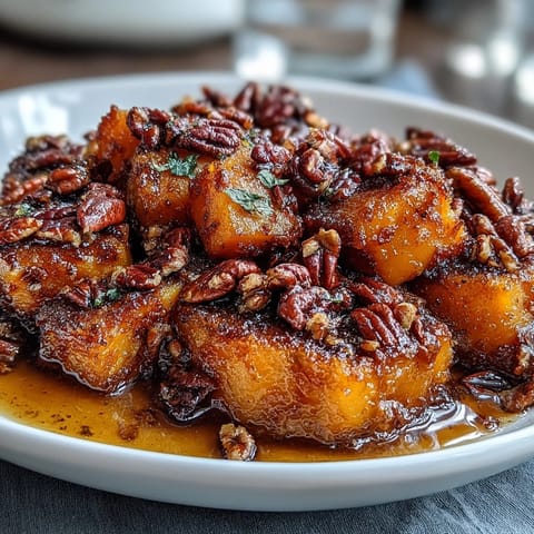 Holiday candied yams casserole featuring tender sweet potatoes in spiced maple glaze, crowned with golden pecan streusel.  