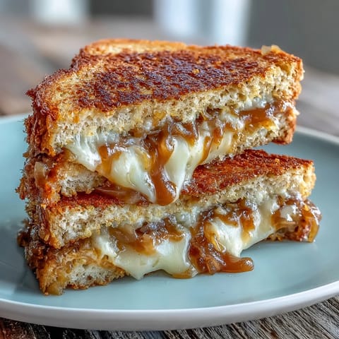 Gourmet sourdough grilled cheese with caramelized onions and Gruyere, golden and melty.