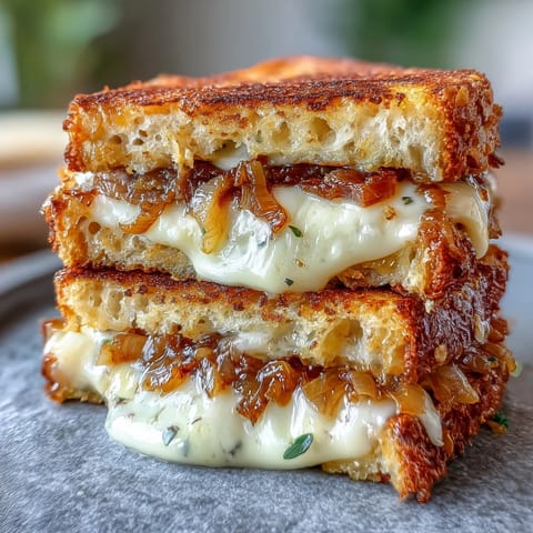 Sourdough sandwich oozing Gruyere and sweet caramelized onions, crisped to perfection.