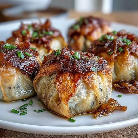 Golden crispy dumplings filled with rich caramelized onions and melted Gruyère cheese, perfect for an elegant appetizer.