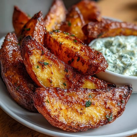 Crispy air fryer potato wedges with golden edges, served with creamy spring onion dip for a flavorful appetizer.  