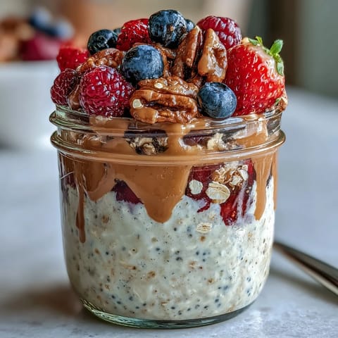 Wholesome oats soaked overnight, topped with juicy berries, almond butter, and crunchy sliced almonds for satisfying texture.  