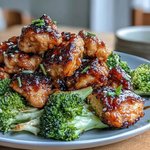 Air fryer honey garlic chicken bites with broccoli in a glossy, sticky sauce, served over tender air-fried florets for a healthy dinner.