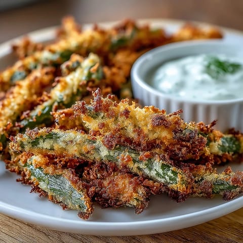 Crispy green bean fries made in the air fryer, golden and crunchy, served with creamy ranch yogurt dip for dipping.  