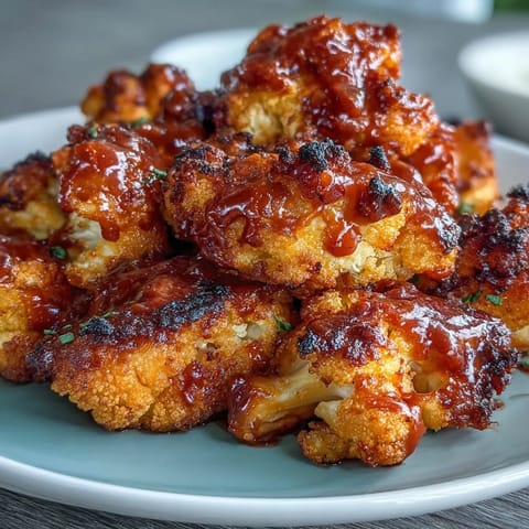 Crispy air fryer cauliflower florets tossed in spicy Buffalo sauce for a healthy, plant-based appetizer.  