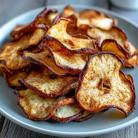 Golden-brown air fryer apple chips dusted with cinnamon sugar, a healthy and crispy snack perfect for fall.