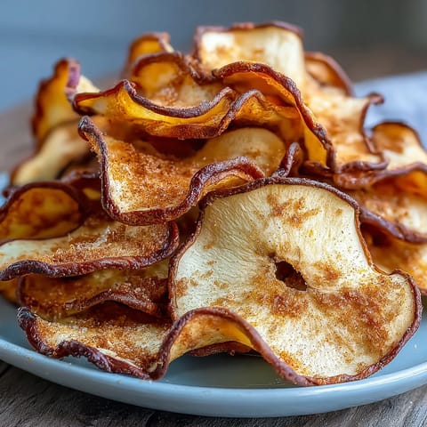 Sweet and crunchy apple chips sprinkled with cinnamon sugar, made effortlessly in the air fryer for a guilt-free treat.