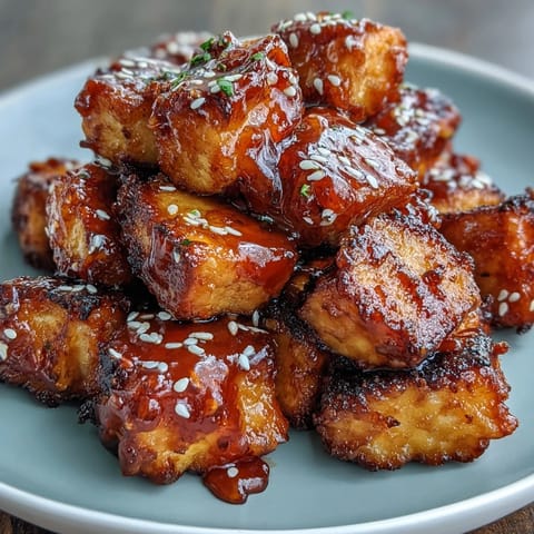 Crispy air fryer tofu nuggets glazed with sweet chili sauce, garnished with sesame seeds and green onions.  