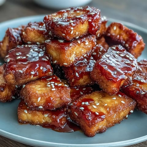 Golden tofu nuggets tossed in a sticky sweet chili glaze, served as a flavorful vegan appetizer or snack.  