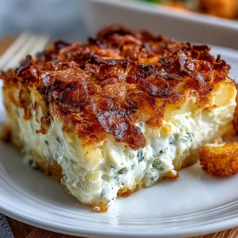 Lightened-Up Funeral Potatoes with Greek Yogurt Sauce baked to golden perfection with crispy cornflake topping.  