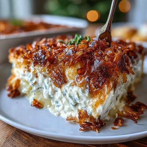 Cheesy shredded potato casserole lightened with Greek yogurt, baked until bubbly and served hot from the oven.  