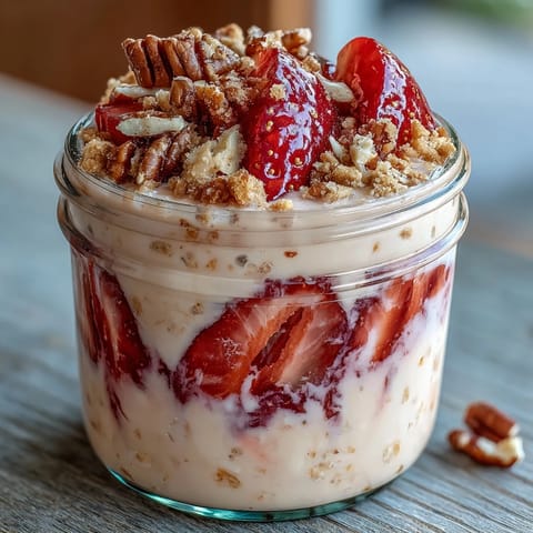 A creamy jar of strawberry cheesecake overnight oats with fresh strawberries, a swirl of cream cheese, and crunchy graham cracker crumbs on top.