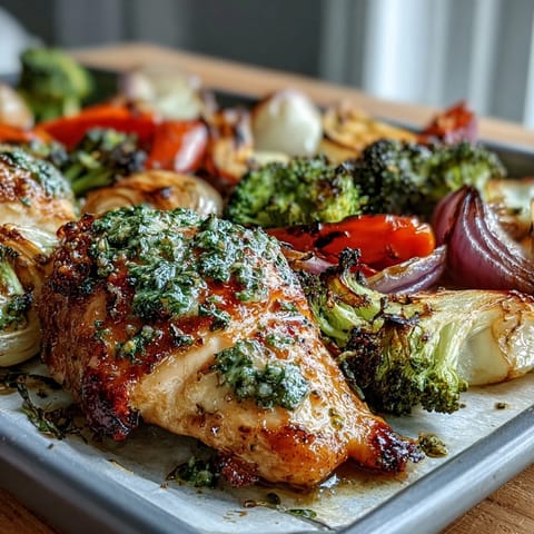 Healthy 5-Ingredient Sheet Pan Chicken and Veggies with tender chicken breasts and vibrant roasted vegetables, seasoned with Italian herbs and olive oil for a quick and wholesome dinner.  