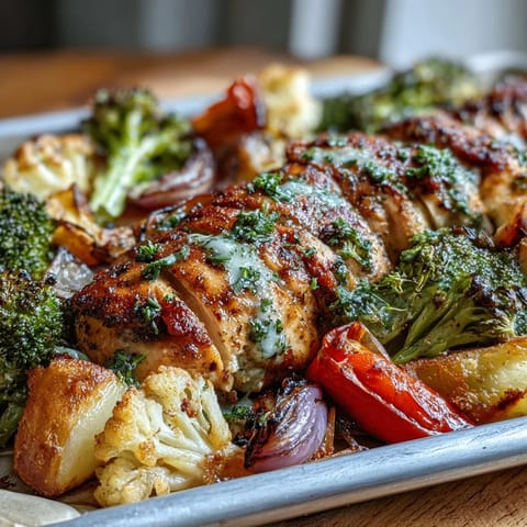 Colorful sheet pan meal featuring juicy chicken and caramelized bell peppers, broccoli, and red onion, seasoned simply with olive oil, Italian seasoning, salt, and pepper.  