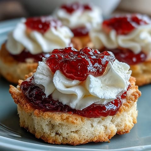 Clotted cream and strawberry jam thumbprint cookies with golden edges and jam-filled centers