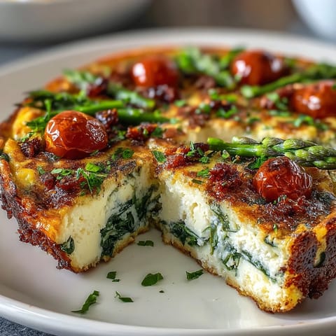 Spring Veggie Frittata with Asparagus and Goat Cheese, a golden baked egg dish with tender spring vegetables and creamy goat cheese.