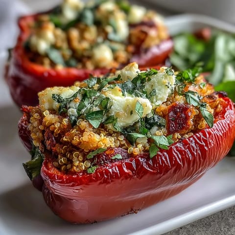 Colorful stuffed bell peppers filled with quinoa, herbs, and vegetables, baked to tender perfection for a vibrant vegetarian dinner.